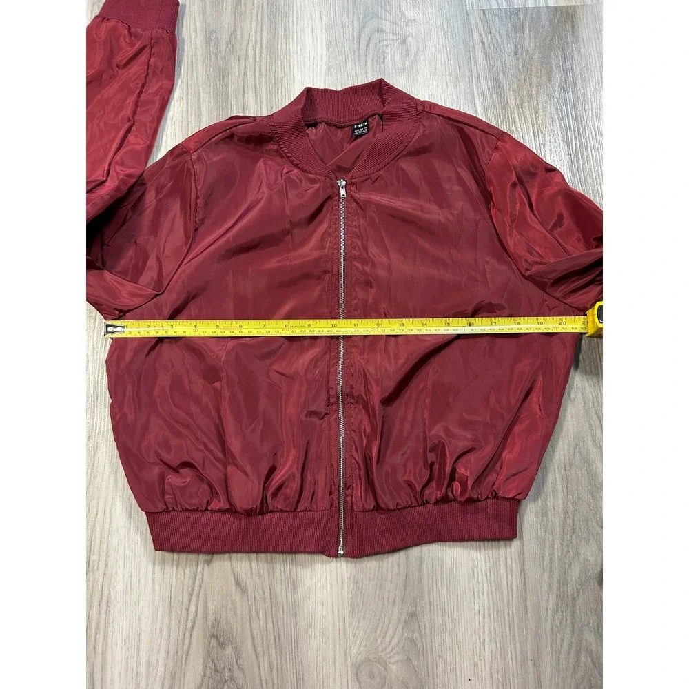 SHEIN Burgundy Red Bomber Jacket Full Zip Side Pocket Ribbed Cuffs Womens Size L